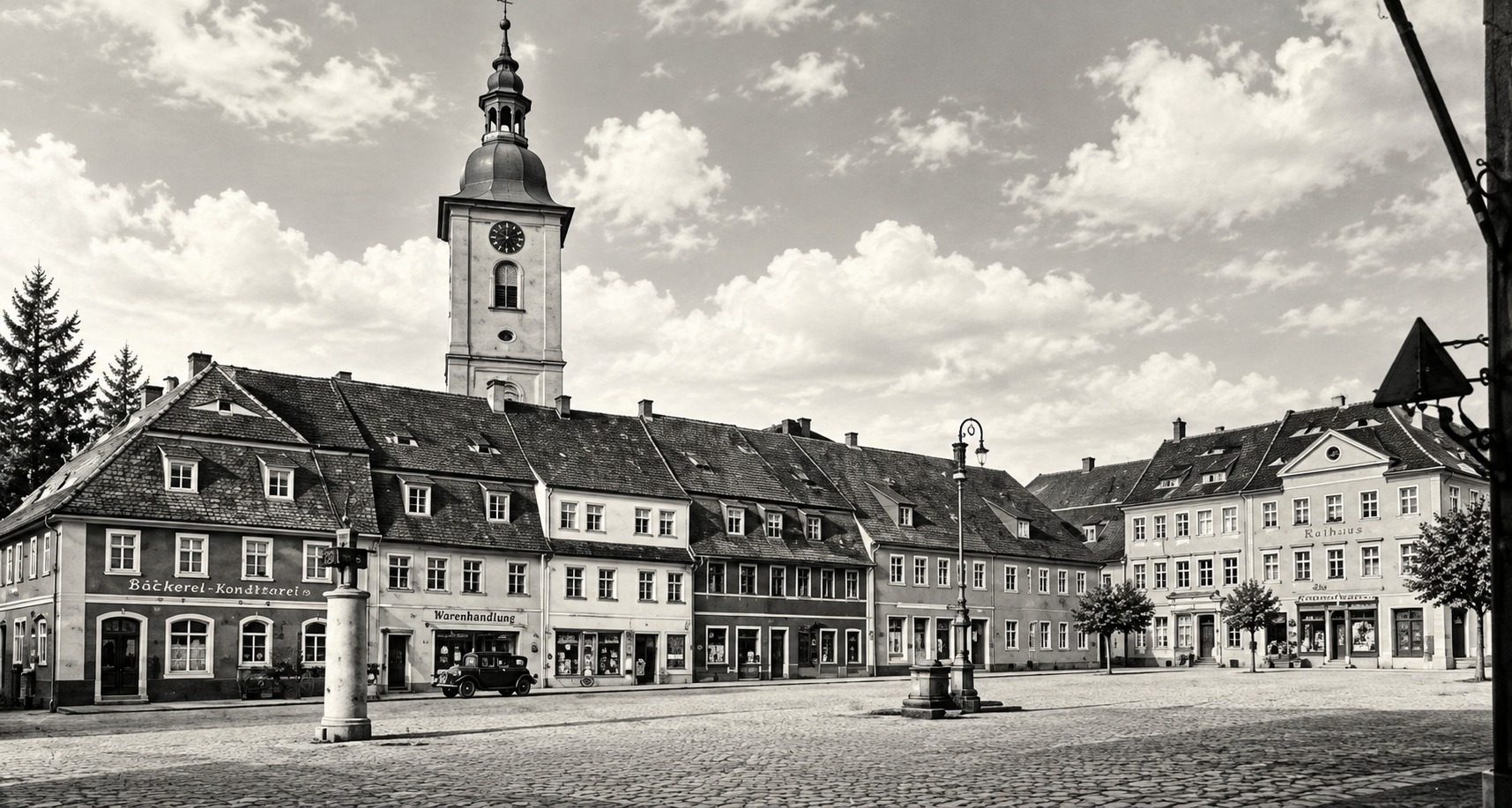 Historische Aufnahme des Bernstädter Marktplatzes mit Kirche und umliegenden Häusern